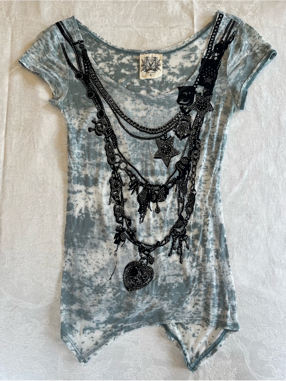 Y2K Miss Me Burnout Tee with Beaded Necklace Embellishment